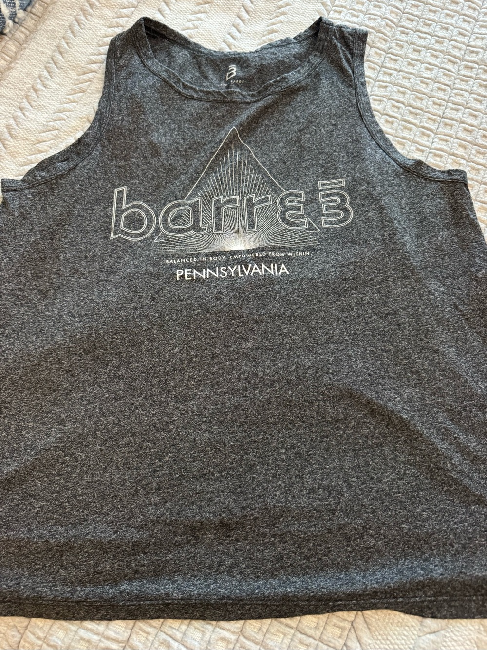 barre3 Women's Charcoal Gray Muscle Tee - Pennsylvania Studio Logo